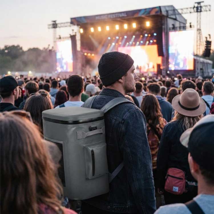 insulated cooler backpack worn through a festival crowd with padded ergonomic straps insulated cooler backpack worn through a festival crowd with padded ergonomic straps