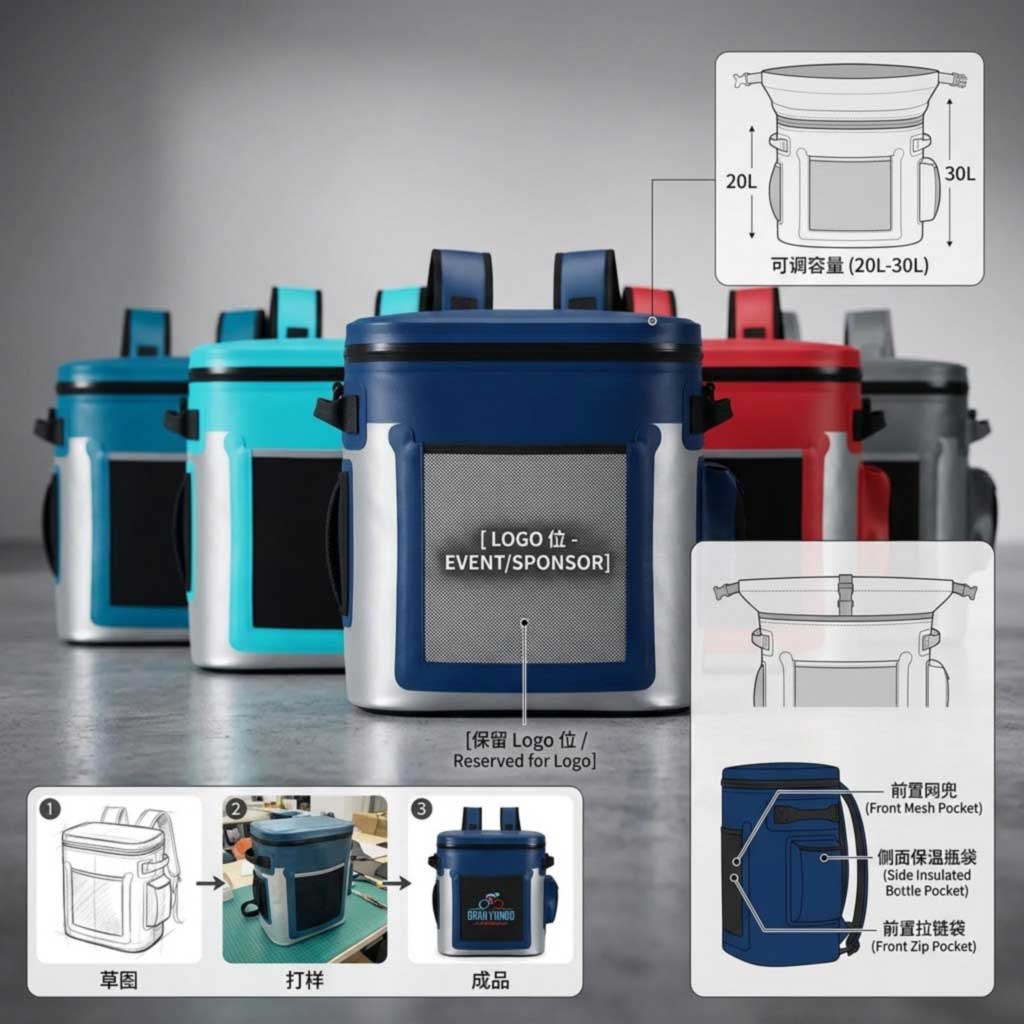 OEM event cooler backpacks in sponsor colors with custom capacity and logo panel OEM event cooler backpacks in sponsor colors with custom capacity and logo panel