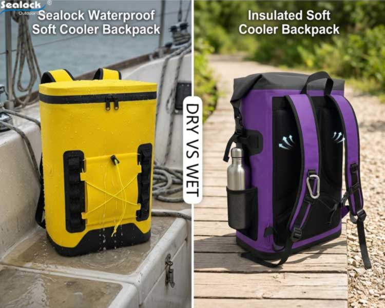 waterproof welded cooler backpack on a wet deck beside a standard zippered cooler backpack on a dry trail waterproof welded cooler backpack on a wet deck beside a standard zippered cooler backpack on a dry trail