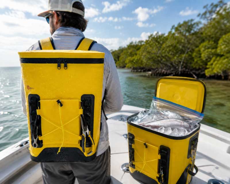 angler wearing a welded waterproof cooler backpack with crushed ice and bagged catch inside, tools on gear webbing angler wearing a welded waterproof cooler backpack with crushed ice and bagged catch inside, tools on gear webbing
